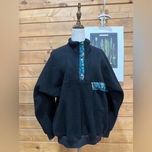 Vintage Millet Women’s Black Fleece Pullover Colorful Embroidery Snap Pocket S-M